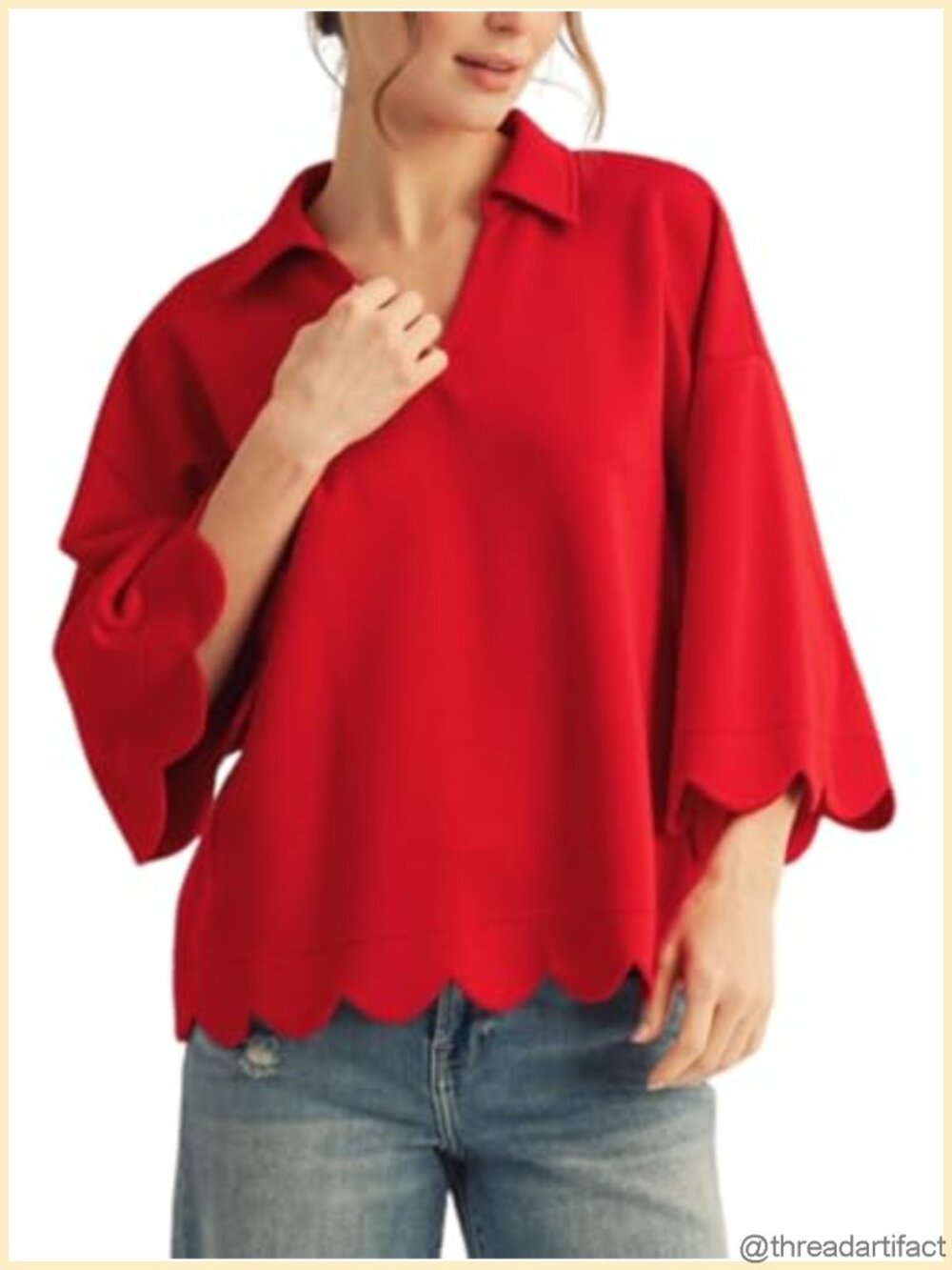 Women's Scallop Edge V-Neck 3/4 Sleeve Collared Blouse Top
